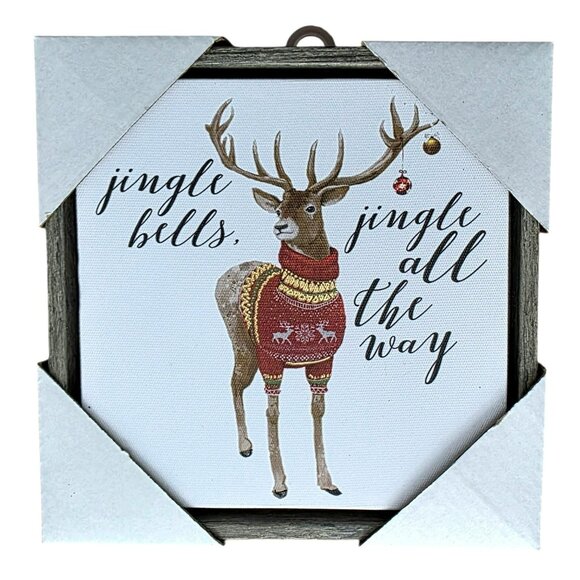 Holiday Reindeer Canvas Wall Art Wood Frame Sweater Jingle Bells Christmas Gift - Picture 7 of 7